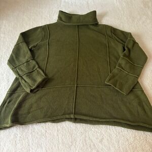Pure Handknit Olive Green Tunic Sweater L XL Turtleneck Patchwork‎ Stitch Detail